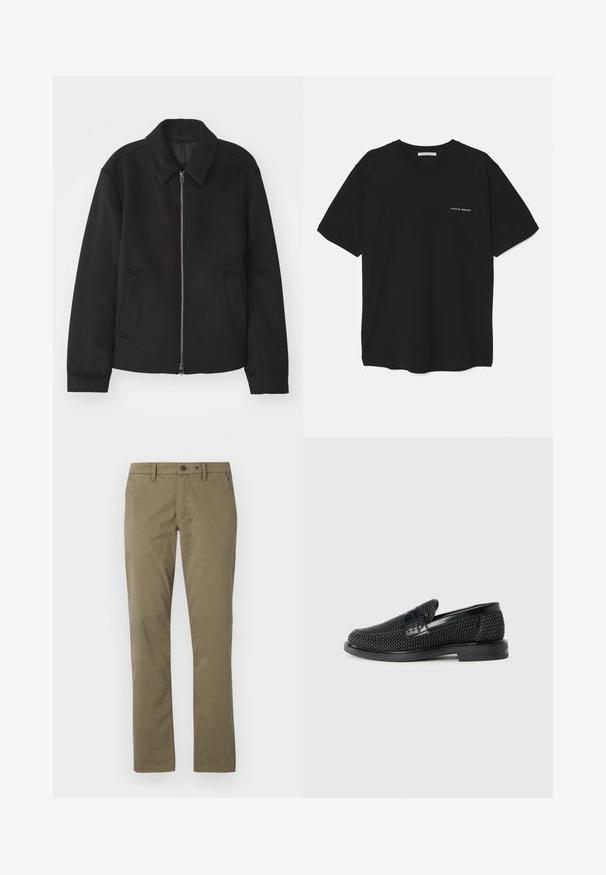 Schwarze Jacke mit Reißverschluss, tailliertem Schnitt, rundem Kragen und Schlitztaschen. Hergestellt aus einem glatten, strukturierten Stoff.; Schwarzes Baumwoll-T-Shirt mit Rundhalsausschnitt, kurzen Ärmeln und weißem Logodruck auf der linken Brust. Einfaches, einfarbiges Design.; Kaki-Hosen aus Baumwolle, mit geradem Bein, zwei Fronttaschen und einem Knopf- sowie Reißverschluss.; Schwarzer geflochtener Slipper mit einem glatten Lederakzent im Obermaterial, einem runden Zehendesign und einer flachen Gummisohle.