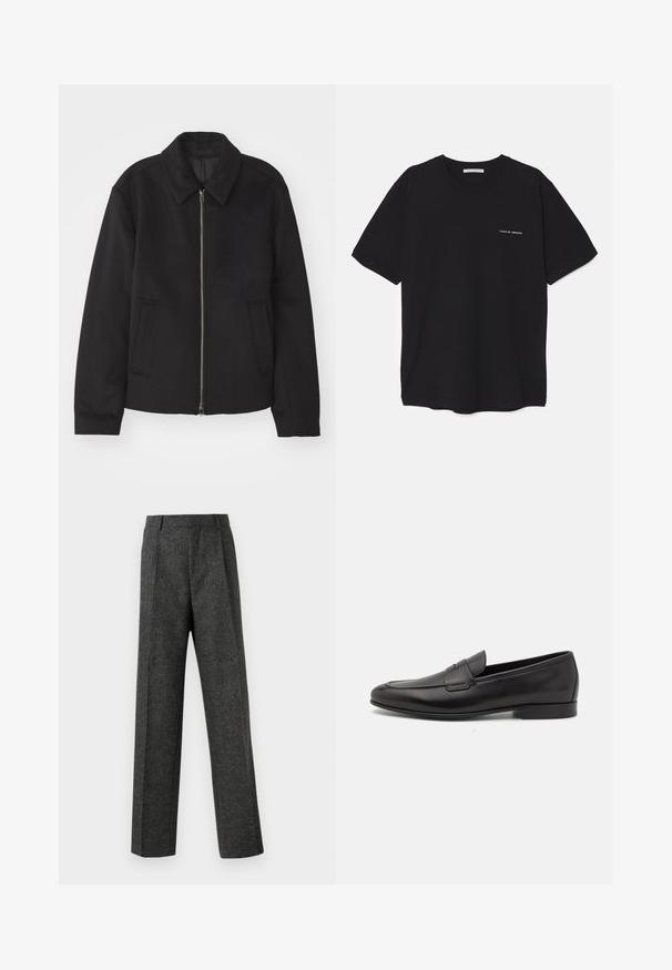 Schwarze Jacke mit Reißverschluss, tailliertem Schnitt, rundem Kragen und Schlitztaschen. Hergestellt aus einem glatten, strukturierten Stoff.; Schwarzes Baumwoll-T-Shirt mit Rundhalsausschnitt, kurzen Ärmeln und weißem Logodruck auf der linken Brust. Einfaches, einfarbiges Design.; Graue maßgeschneiderte Hose aus strukturiertem Stoff, mit zwei vorderen Falten und geradem Bein. Keine sichtbaren Taschen oder Verzierungen.; Schwarze Leder-Herrenloafer mit niedrigem Absatz und klassischem Penny-Riemen-Design, seitlich auf einem weißen Hintergrund dargestellt.