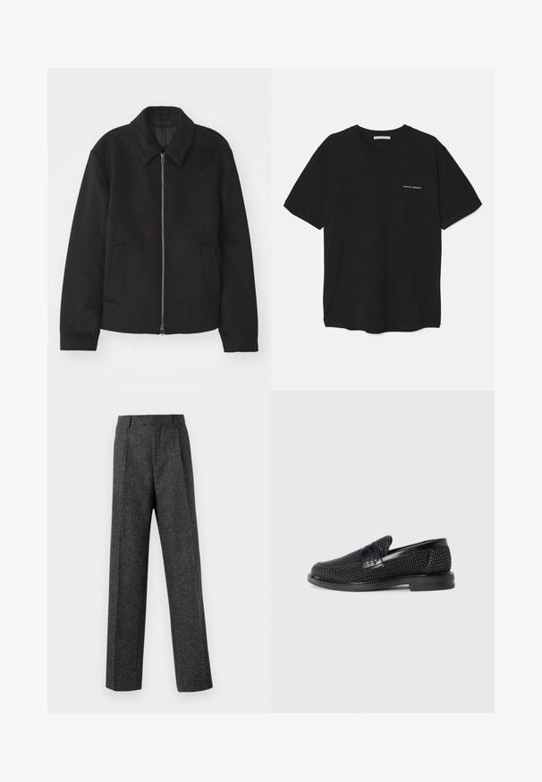 Black jacket with a zip closure, tailored design, a rounded collar, and slit pockets. Made from a smooth, textured fabric.; Black cotton T-shirt with a crew neck, short sleeves, and a white logo print on the left chest. Simple, solid color design.; Gray tailored trousers made of textured fabric, featuring two front pleats and a straight-leg design. No visible pockets or embellishments.; Black woven slip-on shoe with a smooth leather accent on the upper, a round toe design, and a low-profile rubber sole.