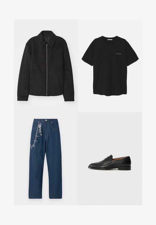 Black jacket with a zip closure, tailored design, a rounded collar, and slit pockets. Made from a smooth, textured fabric.; Black cotton T-shirt with a crew neck, short sleeves, and a white logo print on the left chest. Simple, solid color design.; Dark blue denim wide-leg jeans featuring a chain with rhinestones attached on the left side, and visible orange stitching on pockets and hem.; Black leather loafer with a rounded toe, subtle stitched detailing, and a low heel, featuring a smooth texture and minimalist design.