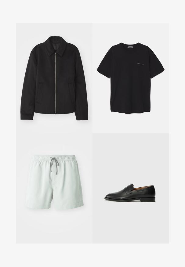 Casaco preto com fecho de correr, design ajustado, colarinho redondo e bolsos com fenda. Feito de um tecido liso e texturizado.; T-shirt preta de algodão com gola redonda, mangas curtas e impressão de logó tipo branca no lado esquerdo do peito. Design simples, de cor sólida.; Calções de banho verde claro com cintura elástica, cordão ajustável e bolsos laterais. Textura suave, comprimento acima do joelho.; Sapatilha de couro preta com biqueira arredondada, detalhes cosidos discretos e um salto baixo, apresentando uma textura suave e um design minimalista.