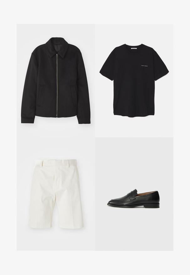 Černá bunda se zipovým uzávěrem, střižená designem, kulatým límcem a kapsami na bocích. Vyrobena z hladké, strukturované tkaniny.; Černé bavlněné tričko s kulatým výstřihem, krátkými rukávy a bílým logem potisknutým na levé straně hrudi. Jednoduchý, jednobarevný design.; Bílé bavlněné šortky se rovným střihem, se plochým předním dílem, poutky na opasek a hladkou texturou. Bez viditelných vzorů nebo akcentů.; Černé kožené mokasíny s kulatou špičkou, jemným prošíváním a nízkým podpatkem, s hladkým povrchem a minimalistickým designem.