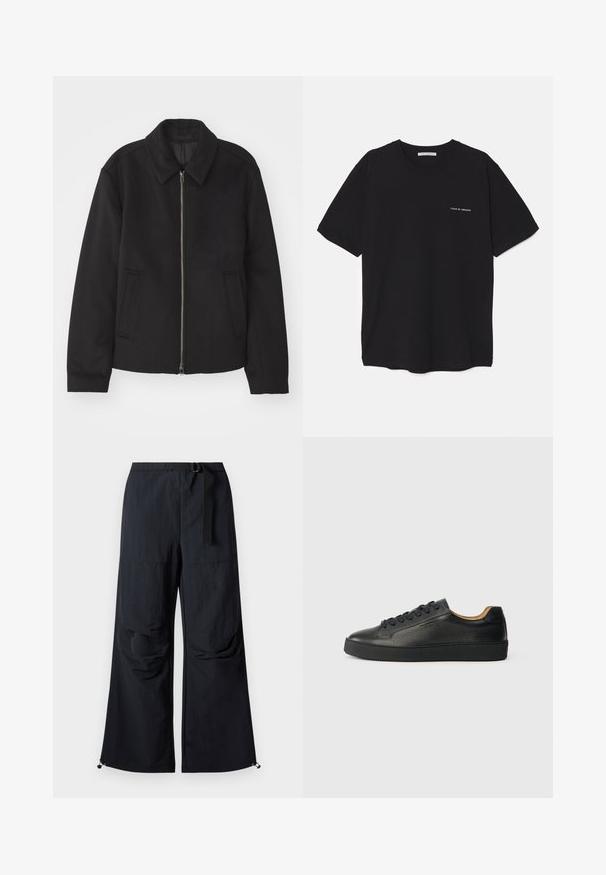 Casaco preto com fecho de correr, design ajustado, colarinho redondo e bolsos com fenda. Feito de um tecido liso e texturizado.; T-shirt preta de algodão com gola redonda, mangas curtas e impressão de logó tipo branca no lado esquerdo do peito. Design simples, de cor sólida.; Calças largas pretas, feitas de um tecido leve, com um cinto na cintura, bolsos frontais e bainhas ajustáveis com cordões.; Sapatilha de couro preta de cano baixo com superfície texturizada, atacadores pretos e sola de borracha grossa, mostrada de lado sobre um fundo claro.
