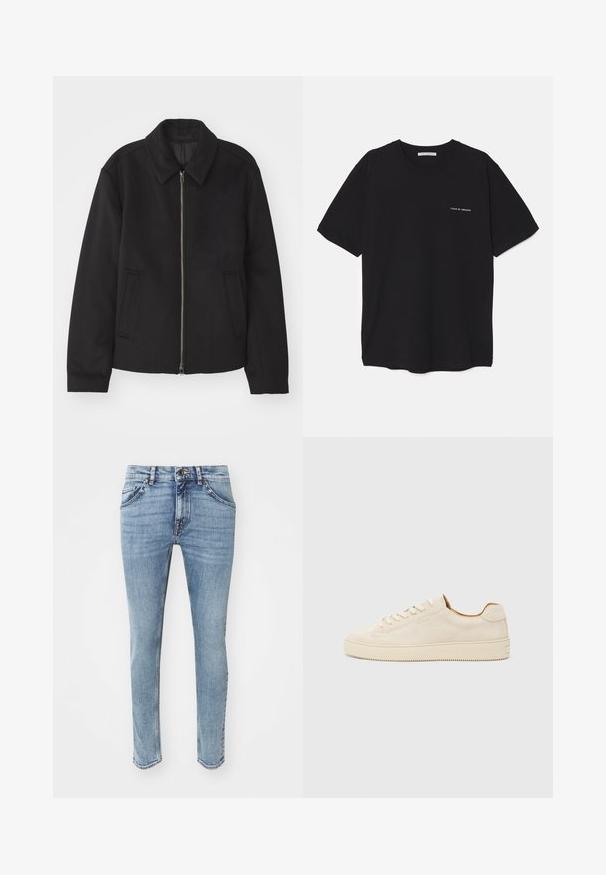 Casaco preto com fecho de correr, design ajustado, colarinho redondo e bolsos com fenda. Feito de um tecido liso e texturizado.; T-shirt preta de algodão com gola redonda, mangas curtas e impressão de logó tipo branca no lado esquerdo do peito. Design simples, de cor sólida.; Jeans de denim azul claro com um corte slim, design de cinco bolsos, passagens para cinto e fecho de botão. Detalhe subtil de esfumaçamento presente.; Sapatilhas de camurça bege com um design de cano baixo, bico redondo, atacadores planos e uma sola de borracha texturizada. Estilo minimalista sem logótipos visíveis.