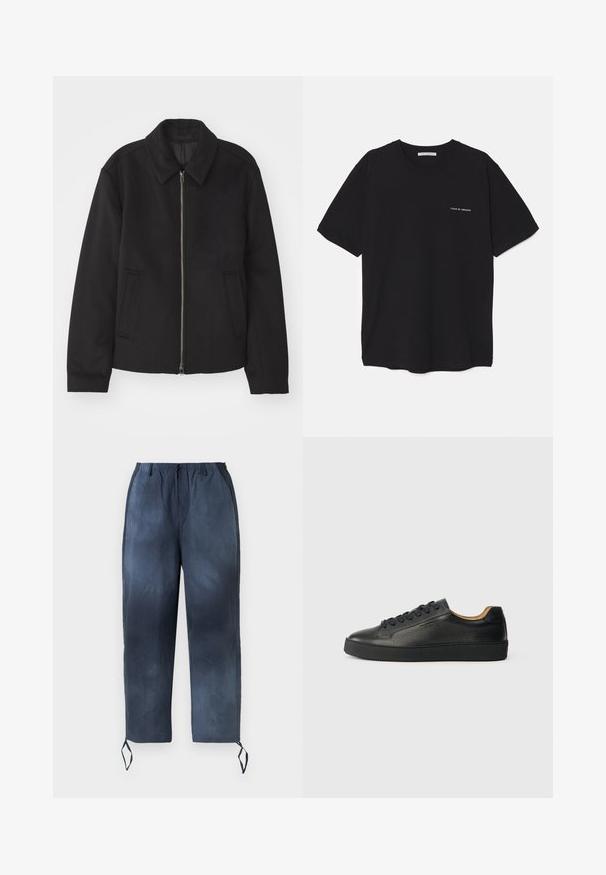 Juodas švarkas su užtrauktuku, pritaikyta forma, apvaliu apykakle ir kišenėmis su plyšiu. Pagamintas iš lygios, tekstūruotos medžiagos.; Juoda medvilninė marškinėlė su apykakle, trumpomis rankovėmis ir baltu logotipu kairėje krūtinės pusėje. Paprastas, vientisas spalvų dizainas.; Tamsiai mėlyni šortai su raišteliu ir elastinga juostos, dvi šoninės kišenės ir kulkšnies raišteliai, pateikti ant balto fono.; Juodos žemos odinės sportinės bateliai su tekstūruota paviršiumi, juodomis raištelėmis ir storu guma padu, rodomi iš šono ant šviesaus fono.
