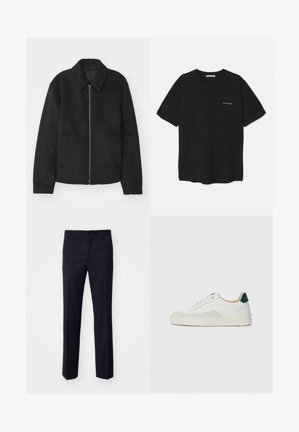 Casaco preto com fecho de correr, design ajustado, colarinho redondo e bolsos com fenda. Feito de um tecido liso e texturizado.; T-shirt preta de algodão com gola redonda, mangas curtas e impressão de logó tipo branca no lado esquerdo do peito. Design simples, de cor sólida.; Calças azuis-marinho com corte reto, feitas de um tecido textured, apresentando um fecho de botão e passantes para cinto, sem padrões ou detalhes visíveis.; Tênis brancos com detalhes em camurça, bico arredondado, atacadores planos e sola de borracha creme. Apresenta uma marcação verde no calcanhar.