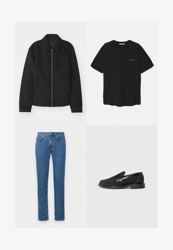 Casaco preto com fecho de correr, design ajustado, colarinho redondo e bolsos com fenda. Feito de um tecido liso e texturizado.; T-shirt preta de algodão com gola redonda, mangas curtas e impressão de logó tipo branca no lado esquerdo do peito. Design simples, de cor sólida.; Jeans de cintura alta azuis, corte reto, com botão e zíper frontais, cinco bolsos e passantes para cinto, exibidos em fundo branco.; Sandalha preta entrelaçada com um accento de couro liso na parte superior, design de biqueira redonda e sola de borracha de perfil baixo.