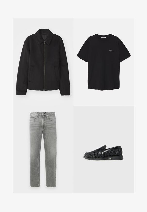 Black jacket with a zip closure, tailored design, a rounded collar, and slit pockets. Made from a smooth, textured fabric.; Black cotton T-shirt with a crew neck, short sleeves, and a white logo print on the left chest. Simple, solid color design.; Gray denim jeans with a straight-leg cut, featuring a classic five-pocket design and subtle fading for texture. Standard zipper fly closure.; Black woven slip-on shoe with a smooth leather accent on the upper, a round toe design, and a low-profile rubber sole.