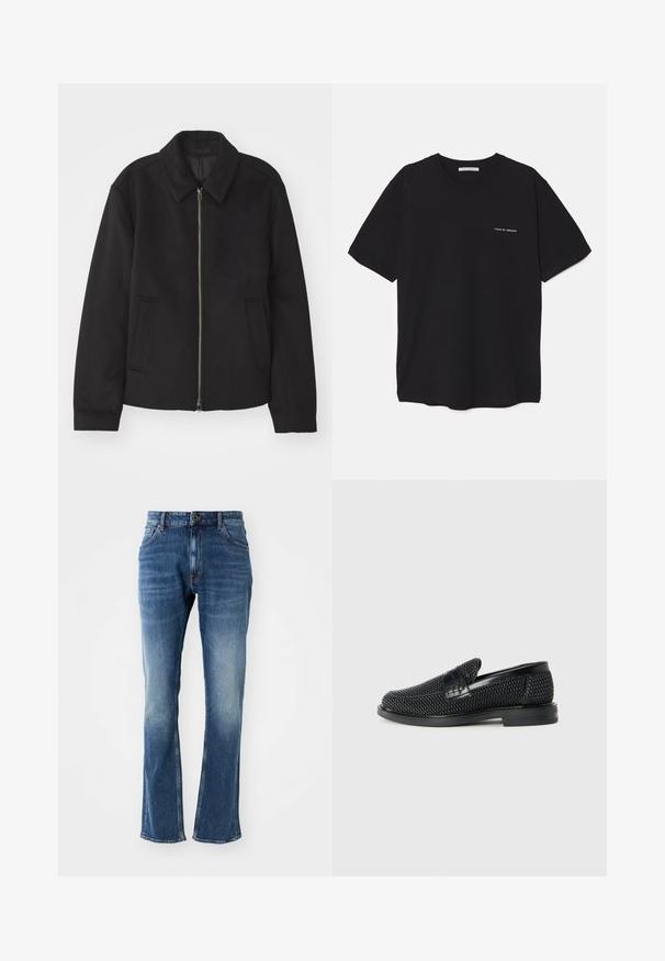 Jachetă neagră cu închidere prin fermoar, design ajustat, guler rotund și buzunare cu fanta. Fabricată dintr-un material neted, texturat.; Tricou din bumbac negru, cu guler rotund, mâneci scurte și un imprimeu alb cu logo pe partea stângă a pieptului. Design simplu, de culoare uniformă.; Jeanși din denim albastru cu un croi drept, având un aspect decolorat, buzunare frontale și un închidere cu nasture. Cusăturile sunt de culoare portocalie în contrast.; Pantofii negri din material textil, cu accent din piele netedă pe partea superioară, design cu vârf rotund și talpă din cauciuc de profil redus.