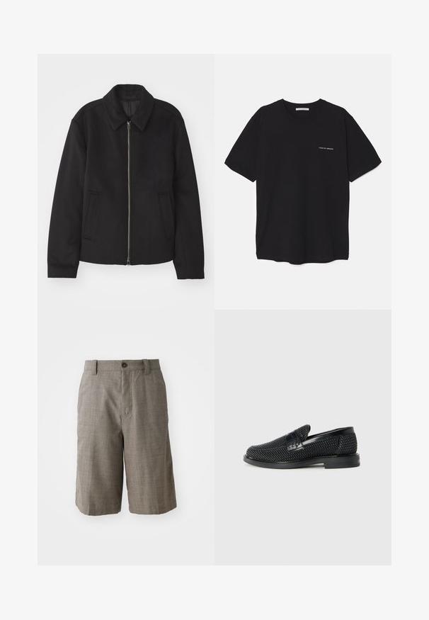 Schwarze Jacke mit Reißverschluss, tailliertem Schnitt, rundem Kragen und Schlitztaschen. Hergestellt aus einem glatten, strukturierten Stoff.; Schwarzes Baumwoll-T-Shirt mit Rundhalsausschnitt, kurzen Ärmeln und weißem Logodruck auf der linken Brust. Einfaches, einfarbiges Design.; Grau karierte Shorts mit einem taillierten Design, ausgestattet mit einem Frontknopfverschluss und zwei Seitentaschen. Hergestellt aus strukturiertem Stoff.; Schwarzer geflochtener Slipper mit einem glatten Lederakzent im Obermaterial, einem runden Zehendesign und einer flachen Gummisohle.