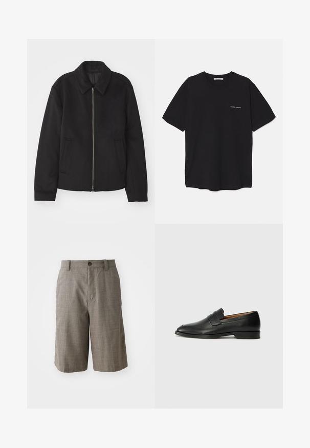Must mustriga, mis on varustatud lukuga, kohandatud disaini, ümarate kaeluste ja lõhesalongidega taskudega. Valmistatud siledast, tekstuurilisest kangast.; Must musta T-särk, ümar kaelus, lühikesed varrukad ja valge logo trükk vasakul rinnal. Lihtne, ühtlane värvitoon.; Hallid hallid lühikesed püksid voolitud disainiga, millel on ees nupuga sulgemine ja kaks küljetaskut. Valmistatud tekstuuriga kangast.; Must musta loafers ümarate varvastega, peene tikandiga ja madala kontsaga, millel on sile tekstuur ja minimalistlik disain.