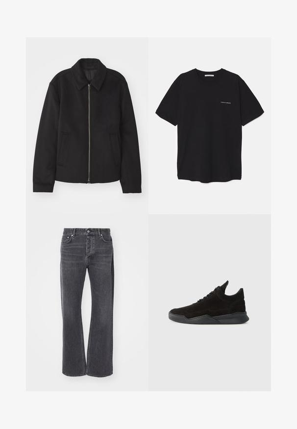 Black jacket with a zip closure, tailored design, a rounded collar, and slit pockets. Made from a smooth, textured fabric.; Black cotton T-shirt with a crew neck, short sleeves, and a white logo print on the left chest. Simple, solid color design.; Black high-waisted jeans with a loose, wide-legged design. Made of denim, featuring subtle fading and front and back pockets.; Black suede sneaker with a low profile, textured upper, flat laces, and a solid rubber sole featuring a slight heel and curved design.