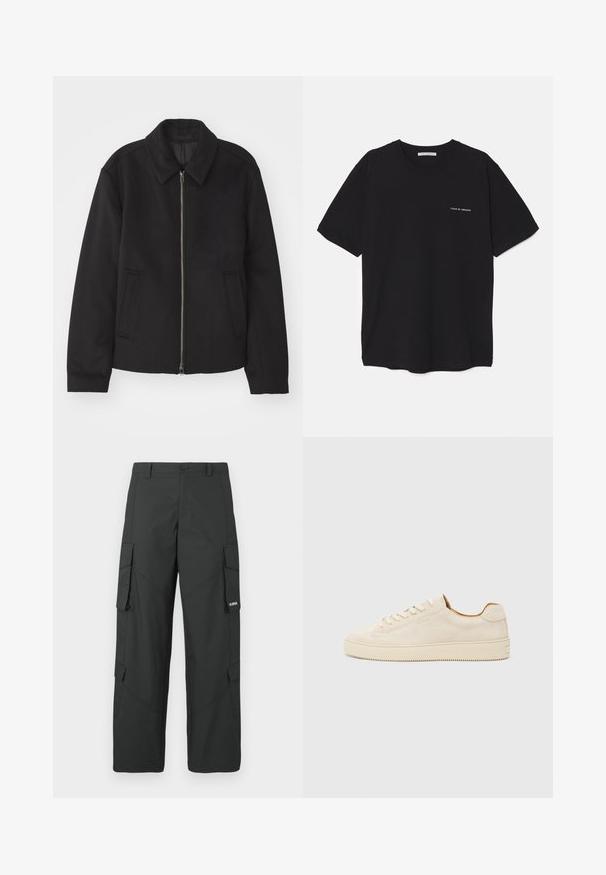 Črna jakna z zadrgo, prilagojena zasnova, okrogla ovratnica in žepi z rezi. Narejena iz gladke, teksturirane tkanine.; Črna bombažna majica s kratkimi rokavi in okroglim ovratnikom, z belim logotipom natisnjenim na levi prsni strani. Preprost, enobarven dizajn.; Črne cargo hlače ravnega kroja z stranskimi žepi s poklopcem, gumbom za zapiranje, zankami za pas in majhnim belim logotipom na poklopcu desnega žepa.; Bež suède teniska z nizkim dizajnom, okroglim prstom, ravnimi čipkami in teksturirano gumijasto podplatom. Minimalističen slog brez vidnih logotipov.