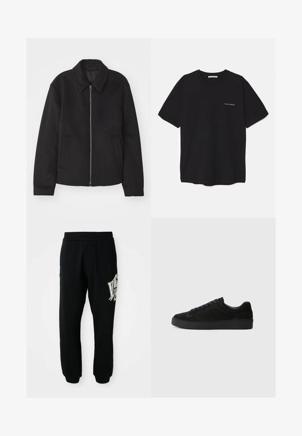 Black jacket with a zip closure, tailored design, a rounded collar, and slit pockets. Made from a smooth, textured fabric.; Black cotton T-shirt with a crew neck, short sleeves, and a white logo print on the left chest. Simple, solid color design.; Black sweatpants made of soft fabric, featuring a ribbed waistband and cuffs. Includes a graphic print in white and gray on the left leg.; Black suede sneaker with a flat, textured sole, rounded toe, six eyelets for laces, and a minimalist design.