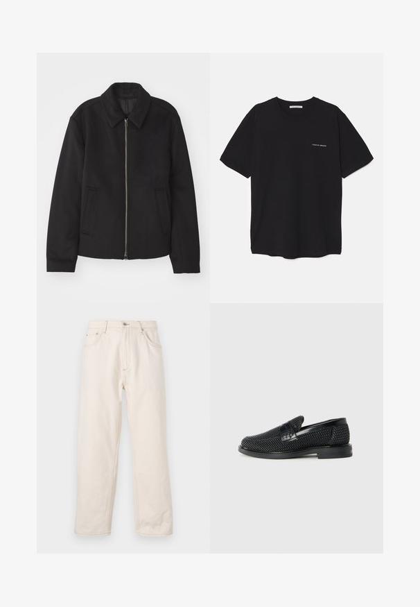 Zwarte jas met ritssluiting, op maat gemaakte ontwerp, ronde kraag en splitzakken. Gemaakt van een gladde, gestructureerde stof.; Zwarte katoenen T-shirt met een ronde hals, korte mouwen en een witte logo-print op de linkerkant van de borst. Eenvoudig, effen kleur ontwerp.; Beige rechte jeans gemaakt van denim, met een knoopsluiting, vijf zakken en zichtbare stikseldetails. Gladde textuur.; Zwartegeweven instap schoenen met een glad leren accent aan de bovenkant, een ronde neusontwerp en een laag profiel rubberen zool.