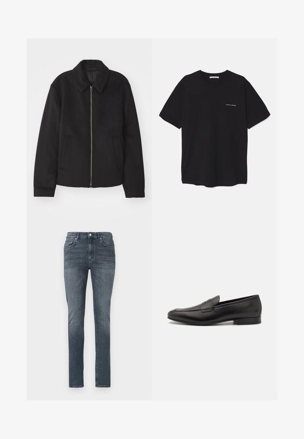 Black jacket with a zip closure, tailored design, a rounded collar, and slit pockets. Made from a smooth, textured fabric.; Black cotton T-shirt with a crew neck, short sleeves, and a white logo print on the left chest. Simple, solid color design.; Slim-fit dark blue denim jeans with a faded finish, front pockets, and a traditional button closure. Smooth texture and straight leg.; Black leather loafers with a sleek design, rounded toe, and low stacked heel. Features a decorative stitched detail on the upper.