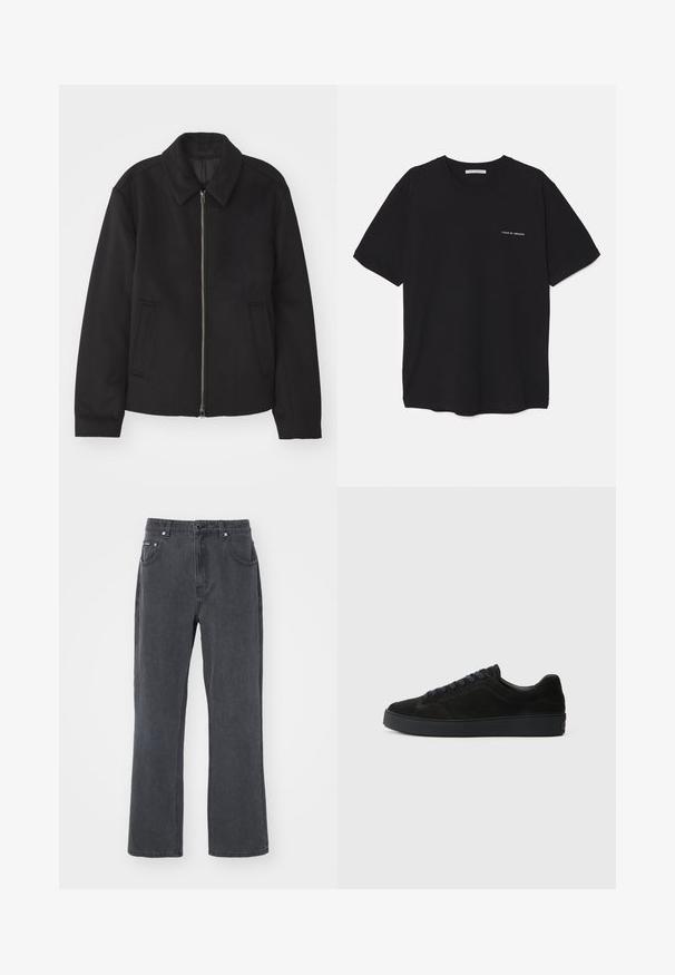 Juodas švarkas su užtrauktuku, pritaikyta forma, apvaliu apykakle ir kišenėmis su plyšiu. Pagamintas iš lygios, tekstūruotos medžiagos.; Juoda medvilninė marškinėlė su apykakle, trumpomis rankovėmis ir baltu logotipu kairėje krūtinės pusėje. Paprastas, vientisas spalvų dizainas.; Tamsiai pilki džinsai su tiesiomis kojomis, penkių kišenių išdėstymu ir metaliniu mygtuko uždarymu. Minkšta tekstūra ir minimalus detalizavimas.; Juodos suedinės sportbačiai su plokščiu, tekstūriniu padu, apvaliu pirštu, šešiais skylutėmis raištams ir minimalistišku dizainu.
