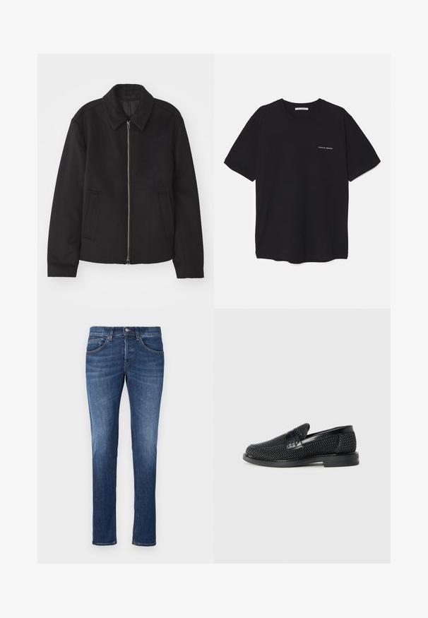 Μαύρο μπουφάν με φερμουάρ, κομψή γραμμή, στρογγυλός γιακάς και τσέπες με άνοιγμα. Κατασκευασμένο από μαλακό, υφασμάτινο υλικό.; Μαύρο βαμβακερό T-shirt με στρογγυλή λαιμόκοψη, κοντά μανίκια και λευκή εκτύπωση λογότυπου στην αριστερή πλευρά του στήθους. Απλός, μονόχρωμος σχεδιασμός.; Μπλε τζιν παντελόνι με ίσια γραμμή, πεντατσέπικη σχεδίαση και φερμουάρ με κουμπί. Ελαφριά φθορά και λεπτομέρειες αντίθεσης στη ραφή.; Μαύρο πλεκτό παπούτσι slip-on με λείο δερμάτινο στοιχείο στο άνω μέρος, στρογγυλή μύτη και χαμηλό καουτσούκ πάτο.