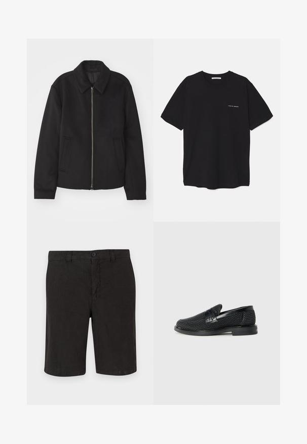 Black jacket with a zip closure, tailored design, a rounded collar, and slit pockets. Made from a smooth, textured fabric.; Black cotton T-shirt with a crew neck, short sleeves, and a white logo print on the left chest. Simple, solid color design.; Black linen shorts with a button-front closure, flat front design, and straight cut. Lightweight fabric with a smooth finish.; Black woven slip-on shoe with a smooth leather accent on the upper, a round toe design, and a low-profile rubber sole.