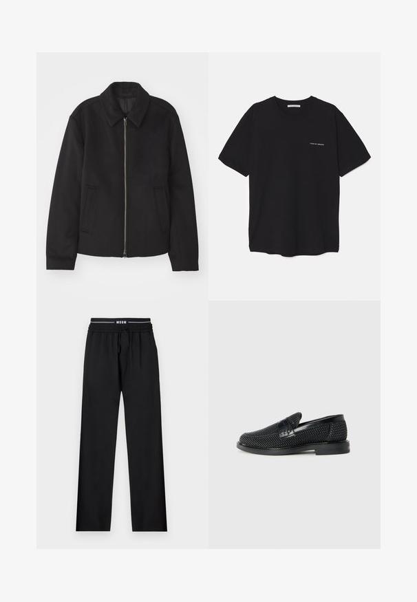 Black jacket with a zip closure, tailored design, a rounded collar, and slit pockets. Made from a smooth, textured fabric.; Black cotton T-shirt with a crew neck, short sleeves, and a white logo print on the left chest. Simple, solid color design.; Black pants with a relaxed fit, elastic waistband, adjustable drawstring, and side pockets. Made of smooth fabric with no patterns.; Black woven slip-on shoe with a smooth leather accent on the upper, a round toe design, and a low-profile rubber sole.