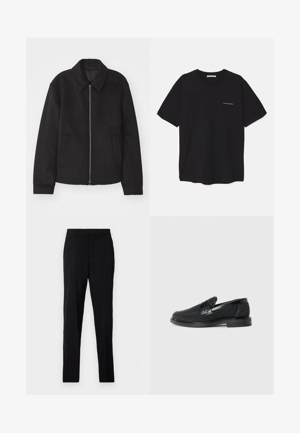 Black jacket with a zip closure, tailored design, a rounded collar, and slit pockets. Made from a smooth, textured fabric.; Black cotton T-shirt with a crew neck, short sleeves, and a white logo print on the left chest. Simple, solid color design.; Black trousers made of smooth fabric, featuring a straight cut, belt loops, a zip fly, and side pockets for functionality.; Black woven slip-on shoe with a smooth leather accent on the upper, a round toe design, and a low-profile rubber sole.