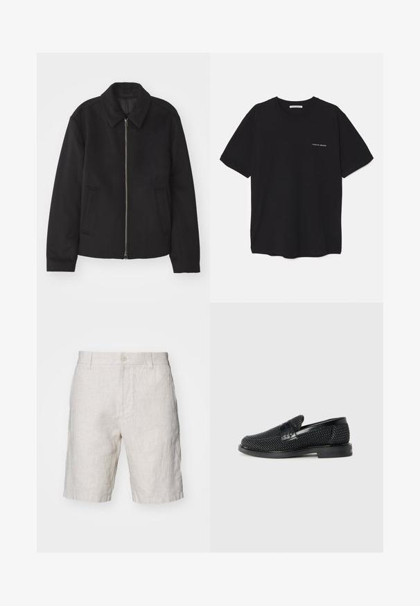 Jachetă neagră cu închidere prin fermoar, design ajustat, guler rotund și buzunare cu fanta. Fabricată dintr-un material neted, texturat.; Tricou din bumbac negru, cu guler rotund, mâneci scurte și un imprimeu alb cu logo pe partea stângă a pieptului. Design simplu, de culoare uniformă.; Șorturi din in bej deschis cu o textura naturală, având închidere cu nasture în față și buzunare laterale. Design cu picioare drepte.; Pantofii negri din material textil, cu accent din piele netedă pe partea superioară, design cu vârf rotund și talpă din cauciuc de profil redus.
