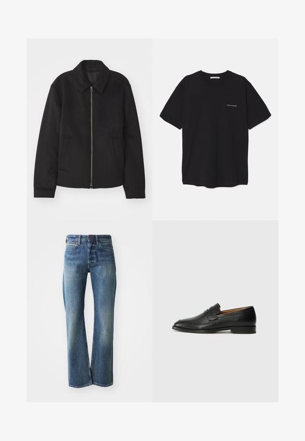 Crna jakna s patentnim zatvaračem, prilagođenog dizajna, zaobljenim kragnom i proreznim džepovima. Izrađena od glatkog, teksturiranog materijala.; Crna pamučna majica s okruglim izrezom, kratkim rukavima i bijelim logotipom otisnutim na lijevoj strani prsnog koša. Jednostavan dizajn u jednoj boji.; Traperice u svijetloplavoj do srednje plavoj boji, ravnog kroja, klasičnog petorocket dizajna i s blagim izblijeđenjem sprijeda.; Crni kožni loafer s okruglim vrhom, suptilnim šavovima i niskim petama, s glatkom teksturom i minimalističkim dizajnom.