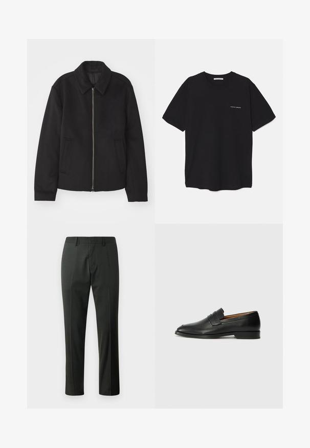 Black jacket with a zip closure, tailored design, a rounded collar, and slit pockets. Made from a smooth, textured fabric.; Black cotton T-shirt with a crew neck, short sleeves, and a white logo print on the left chest. Simple, solid color design.; Trousers in dark gray fabric, featuring straight legs, a flat front, and belt loops. Smooth texture with subtle weave pattern.; Black leather loafer with a rounded toe, subtle stitched detailing, and a low heel, featuring a smooth texture and minimalist design.