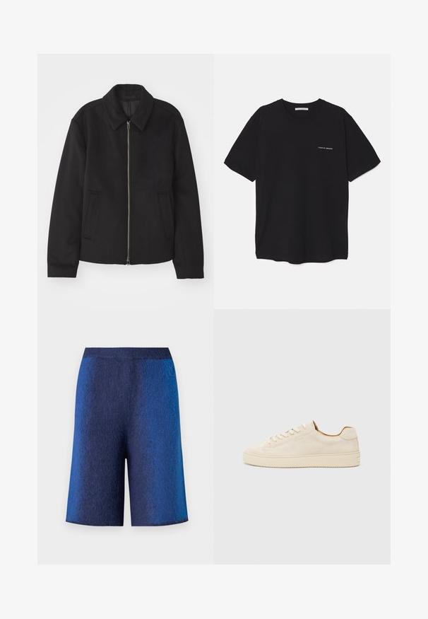 Musta takki vetoketjukiinnityksellä, muotoiltu design, pyöreä kaulus ja viilto-taskut. Valmistettu sileästä, tekstuuripinnoitteisesta kankaasta.; Musta puuvillapaita, jossa on pyöreä kaula-aukko, lyhyet hihat ja valkoinen logopainatus vasemmassa rinnassa. Yksinkertainen, tasavärinen design.; Tummansiniset shortsit, joissa on teksturoitu pinta, suora leikkaus ja saumatön vyötärö, suunniteltu mukavuuden ja rentoa ilmettä varten.; Beige mokkasneaker med lavt design, rund tå, flade snørebånd og en tekstureret gummisål. Minimalistisk stil uden synlige logoer.