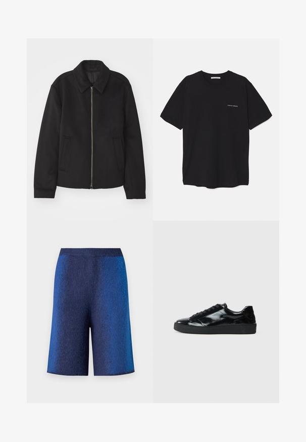 Juodas švarkas su užtrauktuku, pritaikyta forma, apvaliu apykakle ir kišenėmis su plyšiu. Pagamintas iš lygios, tekstūruotos medžiagos.; Juoda medvilninė marškinėlė su apykakle, trumpomis rankovėmis ir baltu logotipu kairėje krūtinės pusėje. Paprastas, vientisas spalvų dizainas.; Tamsiai mėlyni šortai su tekstūruotu paviršiumi, tiesaus kirpimo ir be siūlų juosmens, sukurti komfortui ir atsitiktiniam stiliui.; Juodos lakinės odos sportbačiai su apvaliu pirštu, raištelių užsegimu, tekstūruotu guminiu padu ir lygiu paviršiumi.