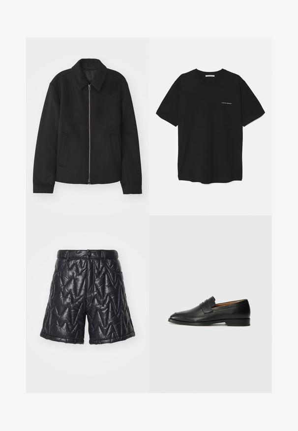 Giacca nera con chiusura con zip, design sartoriale, collo arrotondato e tasche a fessura. Realizzata in un tessuto morbido e texture.; T-shirt in cotone nero con collo rotondo, maniche corte e stampa bianca del logo sul lato sinistro del petto. Design semplice e monocromatico.; Shorts neri trapuntati realizzati in tessuto lucido e imbottito. Presentano una chiusura con zip, tasche frontali e un motivo a zig-zag sulla superficie.; Mocassino in pelle nera con punta arrotondata, dettagli cuciti sottili e tacco basso, caratterizzato da una texture liscia e un design minimalista.