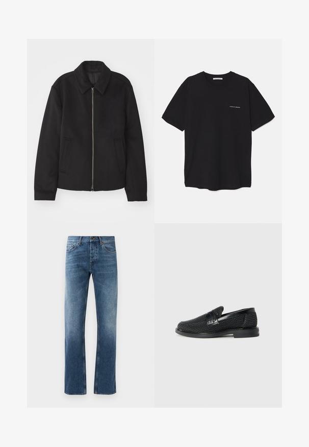 Črna jakna z zadrgo, prilagojena zasnova, okrogla ovratnica in žepi z rezi. Narejena iz gladke, teksturirane tkanine.; Črna bombažna majica s kratkimi rokavi in okroglim ovratnikom, z belim logotipom natisnjenim na levi prsni strani. Preprost, enobarven dizajn.; Modre kavbojke z ravnim krojem, zbledelim pranjem, petimi žepi in kontrastnim šivanjem. Gumb in zadrga na pasu.; Črne pletene zavezane čevlje s gladkim usnjenim poudarkom na zgornjem delu, okroglo zasnovo nosu in nizkoprofilsko gumijasto podplat.
