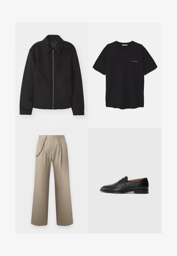 Svart jacka med dragkedjestängning, skräddarsydd design, rund krage och slitsfickor. Tillverkad av ett slätt, strukturerat tyg.; Svart bomull T-shirt med rund hals, korta ärmar och vit logotryck på vänster bröst. Enkel, enfärgad design.; Beiga vida byxor med veck framtill och en metallkedja fäst vid den vänstra bältesloopen för stil.; Svart läderloafersko med rund tå, subtila sömnadsdetaljer och låg klack, med en jämn yta och minimalistisk design.