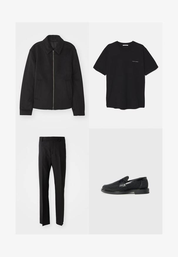 Fekete dzseki cipzárral, testreszabott dizájnnal, kerek nyakkal és zsebekkel. Sima, texturált anyagból készült.; Fekete pamut T-shirt kerek nyakkivágással, rövid ujjakkal, és fehér logónyomattal a bal mellrészen. Egyszerű, egyszínű dizájn.; Fekete nadrág egyenes szabással, sima anyagból készült, övhurkos derékkal és oldalzsebekkel. Nincsenek látható minták vagy díszítések.; Fekete szőtt slip-on cipő sima bőr díszítéssel a felsőrészen, kerek orral és alacsony profilos gumitalppal.