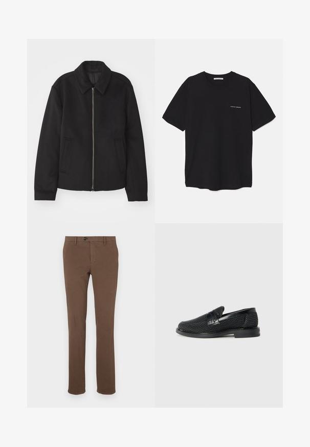 Zwarte jas met ritssluiting, op maat gemaakte ontwerp, ronde kraag en splitzakken. Gemaakt van een gladde, gestructureerde stof.; Zwarte katoenen T-shirt met een ronde hals, korte mouwen en een witte logo-print op de linkerkant van de borst. Eenvoudig, effen kleur ontwerp.; Bruine katoenen broek met een recht model, voorzien van een ritssluiting en knoopsluiting aan de voorkant, riemlussen en zonder zichtbare patronen of accenten.; Zwartegeweven instap schoenen met een glad leren accent aan de bovenkant, een ronde neusontwerp en een laag profiel rubberen zool.