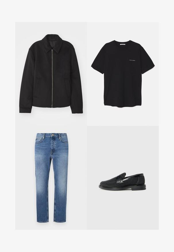 Juodas švarkas su užtrauktuku, pritaikyta forma, apvaliu apykakle ir kišenėmis su plyšiu. Pagamintas iš lygios, tekstūruotos medžiagos.; Juoda medvilninė marškinėlė su apykakle, trumpomis rankovėmis ir baltu logotipu kairėje krūtinės pusėje. Paprastas, vientisas spalvų dizainas.; Mėlynos džinsinės kelnės su tiesia kelių dizainu, šviesaus plovimo, klasikinio penkių kišenių stiliaus ir priekyje esančia užsegimu.; Juodas pintas slip-on tipo batelis su lygiu odiniu akcentu viršuje, apvalios nosies dizainas ir žemas guminis padas.