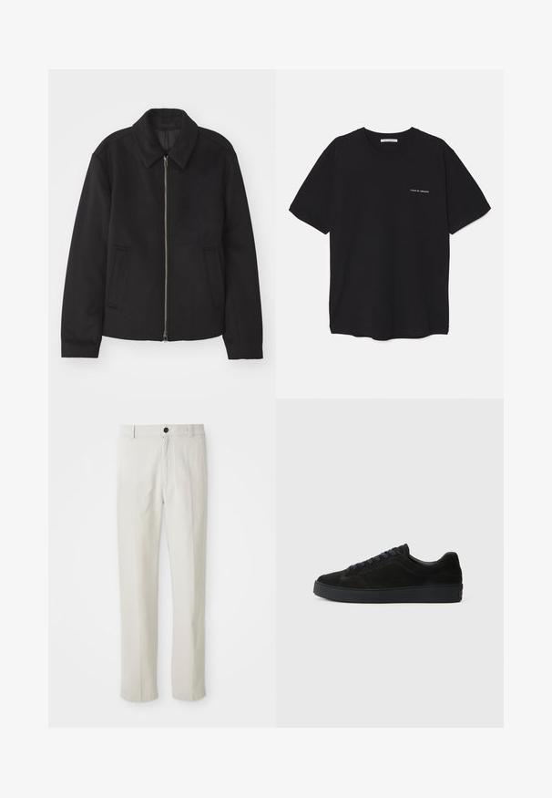 Giacca nera con chiusura con zip, design sartoriale, collo arrotondato e tasche a fessura. Realizzata in un tessuto morbido e texture.; T-shirt in cotone nero con collo rotondo, maniche corte e stampa bianca del logo sul lato sinistro del petto. Design semplice e monocromatico.; Pantaloni beigi a gamba dritta con passanti per cintura, bottone frontale e chiusura con zip, esposti in piano su uno sfondo bianco.; Sneaker in suede nera con suola piatta e testurizzata, punta arrotondata, sei occhielli per lacci e design minimalista.