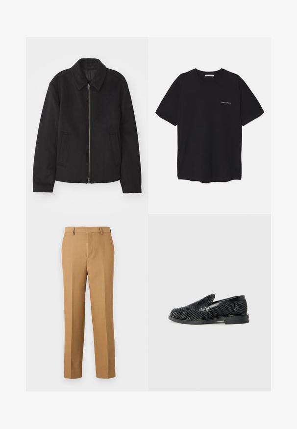 Fekete dzseki cipzárral, testreszabott dizájnnal, kerek nyakkal és zsebekkel. Sima, texturált anyagból készült.; Fekete pamut T-shirt kerek nyakkivágással, rövid ujjakkal, és fehér logónyomattal a bal mellrészen. Egyszerű, egyszínű dizájn.; Vékony, szőtt anyagból készült bézs szövetnadrág, amely egyenes szabású, sima elülső résszel és övpántokkal rendelkezik. Sima textúrával rendelkezik, látható minták nélkül.; Fekete szőtt slip-on cipő sima bőr díszítéssel a felsőrészen, kerek orral és alacsony profilos gumitalppal.
