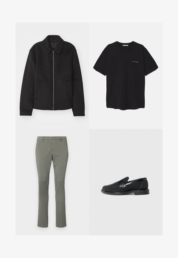 Czarna kurtka z zamkiem błyskawicznym, dopasowany krój, okrągły kołnierz i kieszenie cięte. Wykonana z gładkiego, teksturowanego materiału.; Czarny bawełniany T-shirt z okrągłym dekoltem, krótkimi rękawami i białym nadrukiem logo na lewej piersi. Prosty, jednolity kolor.; Szare chinosy o prostym kroju nogawki, z dwoma bocznymi kieszeniami i gładkim paskiem. Wykonane z gładkiego, lekkiego materiału.; Czarny, pleciony but wsuwany z gładkim skórzanym akcentem na cholewce, o okrągłym nosku i niskoprofilowej gumowej podeszwie.