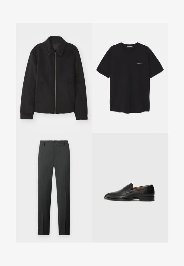 Black jacket with a zip closure, tailored design, a rounded collar, and slit pockets. Made from a smooth, textured fabric.; Black cotton T-shirt with a crew neck, short sleeves, and a white logo print on the left chest. Simple, solid color design.; Tailored dark gray trousers made from a smooth fabric. Features a button closure, belt loops, and straight legs for a classic fit.; Black leather loafer with a rounded toe, subtle stitched detailing, and a low heel, featuring a smooth texture and minimalist design.