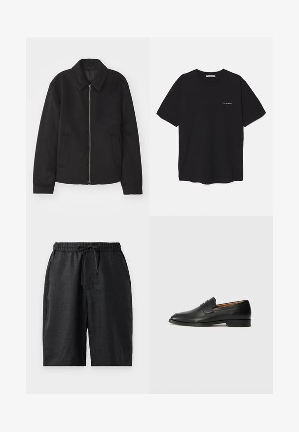 Black jacket with a zip closure, tailored design, a rounded collar, and slit pockets. Made from a smooth, textured fabric.; Black cotton T-shirt with a crew neck, short sleeves, and a white logo print on the left chest. Simple, solid color design.; Black, knee-length shorts with an elastic waistband and drawstring. Smooth texture with two side pockets, simple design, and no visible patterns.; Black leather loafer with a rounded toe, subtle stitched detailing, and a low heel, featuring a smooth texture and minimalist design.