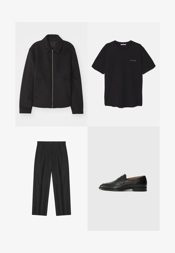 Veste noire avec fermeture éclair, design ajusté, col arrondi et poches fendue. Fabriquée dans un tissu lisse et texturé.; T-shirt en coton noir avec un col rond, des manches courtes et un logo blanc imprimé sur la poitrine gauche. Design simple, couleur unie.; Pantalon noir droit avec passants de ceinture, poches latérales et un design avant légèrement plissé.; Mocassin en cuir noir avec un bout arrondi, des coutures subtiles et un talon bas, présentant une texture lisse et un design minimaliste.