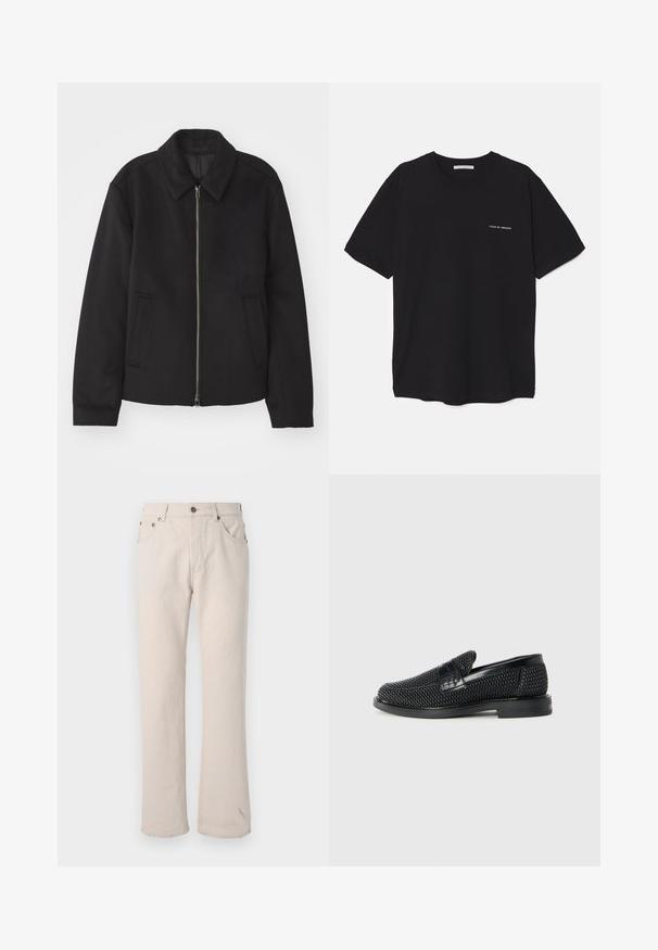 Casaco preto com fecho de correr, design ajustado, colarinho redondo e bolsos com fenda. Feito de um tecido liso e texturizado.; T-shirt preta de algodão com gola redonda, mangas curtas e impressão de logó tipo branca no lado esquerdo do peito. Design simples, de cor sólida.; Jeans de ganga bege com corte reto, apresentando cinco bolsos, fecho de botão e detalhes de costura discretos nas costuras.; Sandalha preta entrelaçada com um accento de couro liso na parte superior, design de biqueira redonda e sola de borracha de perfil baixo.