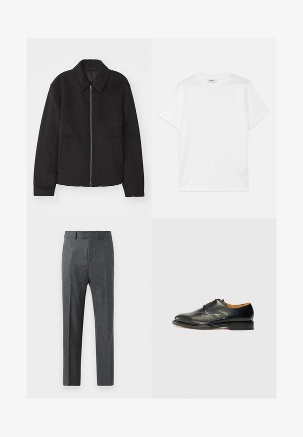 Črna jakna z zadrgo, prilagojena zasnova, okrogla ovratnica in žepi z rezi. Narejena iz gladke, teksturirane tkanine.; Bela bombažna majica s krobnim ovratnikom, kratkimi rokavi in subtilnim logotipom, natisnjenim spredaj. Gladka tekstura in preprost dizajn.; Sive prilegane hlače z drobnim karirastim vzorcem, ravne noge in gladko teksturo blaga. Imajo zanke za pas in zadrgo.; Črne usnjene oblečne čevlje z gladko površino, zaobljenim nosom in minimalnim vezanjem. Imajo diskretnem oblikovanju in nizkim, trdim gumijastim podplatom.