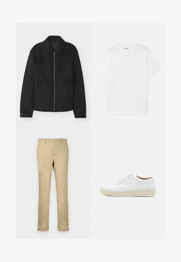 Giacca nera con chiusura con zip, design sartoriale, collo arrotondato e tasche a fessura. Realizzata in un tessuto morbido e texture.; T-shirt bianco in cotone con collo rotondo, maniche corte e un logo discreto stampato sul davanti. Texture liscia e design semplice.; Pantaloni in lino beige, design a gamba dritta, tessuto leggero con una sottile trama, dotati di una vita standard e senza motivi visibili.; Sneaker bianca in pelle con finitura testurizzata, punta rotonda, suola in gomma beige e sei occhielli per lacci grigi, con un branding discreto sul lato.