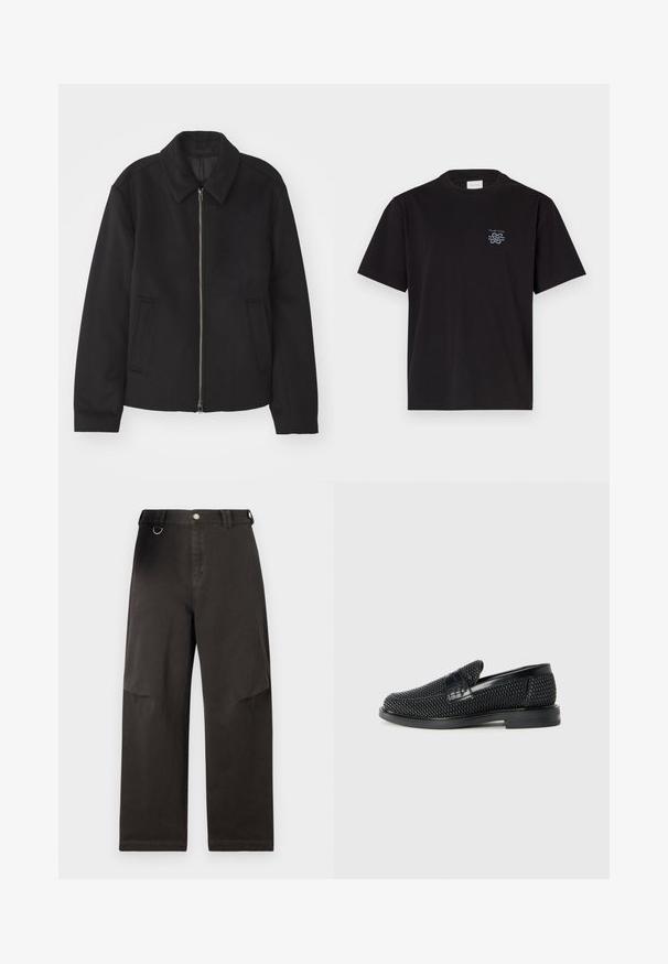 Czarna kurtka z zamkiem błyskawicznym, dopasowany krój, okrągły kołnierz i kieszenie cięte. Wykonana z gładkiego, teksturowanego materiału.; Czarny bawełniany t-shirt z okrągłym dekoltem i krótkimi rękawami. Posiada małe niebieskie logo na lewej piersi. Prosty, prosty krój.; Czarne spodnie o szerokich nogawkach, wykonane z mocnego materiału, z zamknięciem na frontowy guzik i kieszeniami bocznymi. Zawierają metalowy pierścień jako akcent w pasie.; Czarny, pleciony but wsuwany z gładkim skórzanym akcentem na cholewce, o okrągłym nosku i niskoprofilowej gumowej podeszwie.