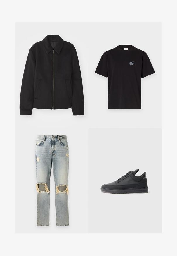 Crna jakna s patentnim zatvaračem, prilagođenog dizajna, zaobljenim kragnom i proreznim džepovima. Izrađena od glatkog, teksturiranog materijala.; Crna pamučna majica s okruglim izrezom i kratkim rukavima. Ima mali plavi logo na lijevoj strani prsnog koša. Jednostavan, ravno krojen dizajn.; Svijetloplave traperice opuštenog kroja, s izlizanim mjestima i rastrganim izrezima na koljenima. Klasičan dizajn s pet džepova.; Crne kožne tenisice s teksturiranom površinom, s vezicama, niskog su kroja i sivoj gumenoj potplati koja ima rebrasti rub.