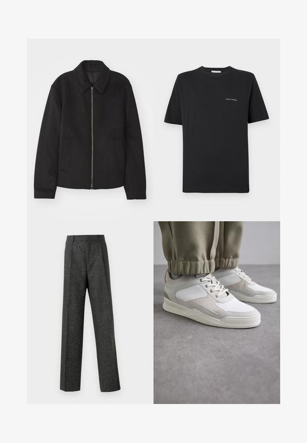 Giacca nera con chiusura con zip, design sartoriale, collo arrotondato e tasche a fessura. Realizzata in un tessuto morbido e texture.; T-shirt nera in cotone con scollatura tonda, maniche corte e un piccolo logo bianco "TIGER OF SWEDEN" sul petto. Vestibilità classica.; Pantaloni grigi su misura realizzati in tessuto strutturato, con due pieghe frontali e un design a gamba dritta. Nessuna tasca o decorazione visibile.; Sneakers bianchi e grigio chiaro con un upper testurizzato, chiusura con lacci e colletto imbottito. Il design include dettagli in suede e perforazioni.