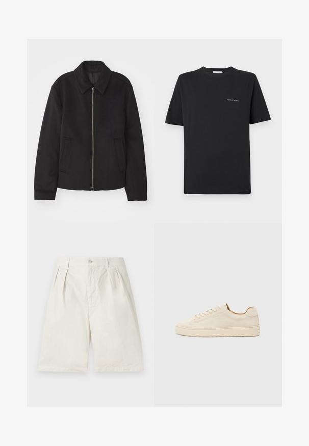 Černá bunda se zipovým uzávěrem, střižená designem, kulatým límcem a kapsami na bocích. Vyrobena z hladké, strukturované tkaniny.; Černé bavlněné tričko s kulatým výstřihem, krátkými rukávy a malým bílým logem "TIGER OF SWEDEN" na hrudi. Klasický střih.; Béžové bavlněné šortky s záhyby vpředu, bočními kapsami a zapínáním na knoflík. Materiál má hladkou strukturu a upravený tvar.; Beige semišové tenisky s nízkým střihem, kulatou špičkou, plochými tkaničkami a texturovanou gumovou podrážkou. Minimalistický styl bez viditelných log.