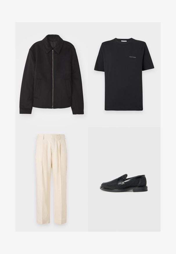 Zwarte jas met ritssluiting, op maat gemaakte ontwerp, ronde kraag en splitzakken. Gemaakt van een gladde, gestructureerde stof.; Zwarte katoenen T-shirt met een ronde hals, korte mouwen en een klein wit "TIGER OF SWEDEN" logo op de borst. Klassieke pasvorm.; NN.07 KAY - Broek - off white; Zwartegeweven instap schoenen met een glad leren accent aan de bovenkant, een ronde neusontwerp en een laag profiel rubberen zool.